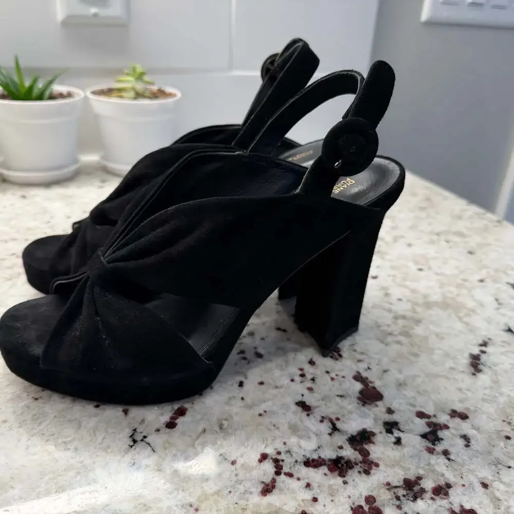 Diane von Furstenberg Sz 7 Black Suede Knotted Heidi Slingback Platform Sandal‎